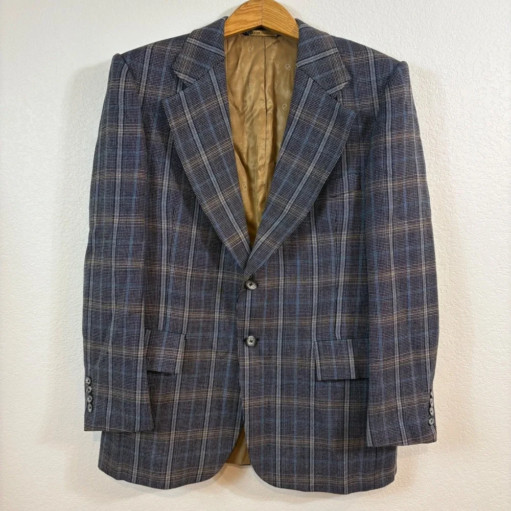Vtg 70s Christian Dior Blazer Men 46 Blue Plaid Wool Sport Coat Heritage Preppy